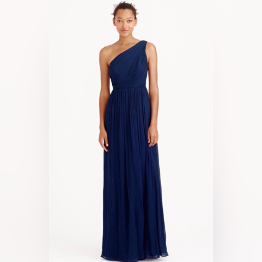 J. Crew Navy One-Shoulder Pleated Maxi Dress